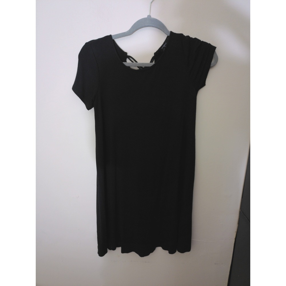 Forever 21 Ribbed Mini Dress Womens Medium Black Lace Up Back Short Sleeve LBD
